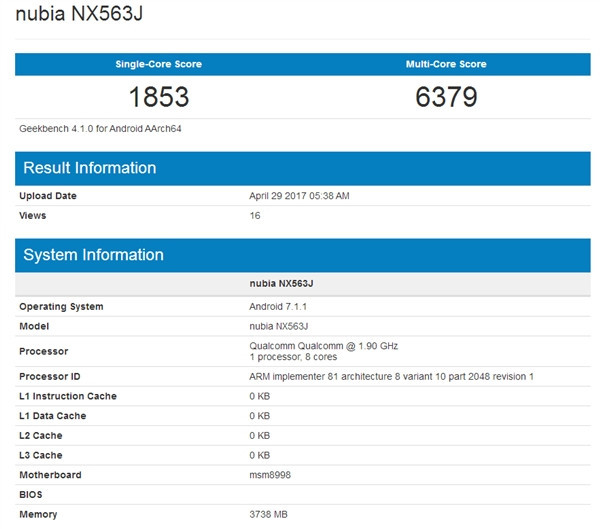 Un posible smartphone Nubia con SoC Snapdragon 835 avistado en Geekbench