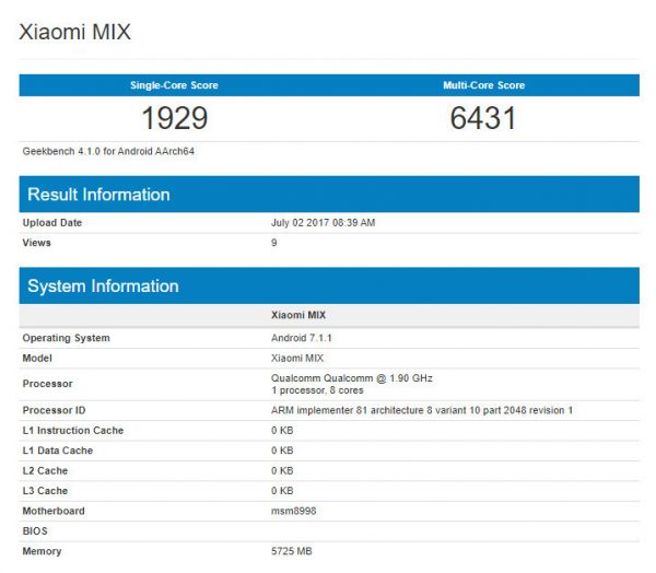 Xiaomi Mi Mix 2 avistado en Geekbench