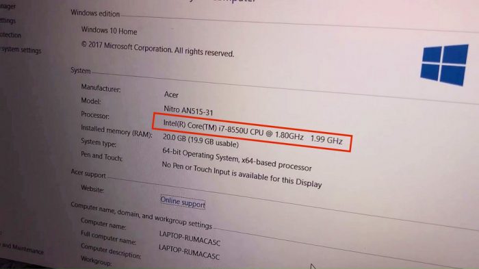 Intel Core i7 8550U avistado en un portátil Acer NITRO