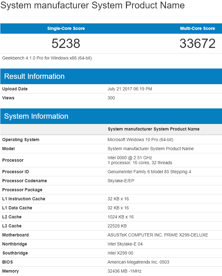 Intel Core i9 7960X de 16 núcleos visto en GeekBench
