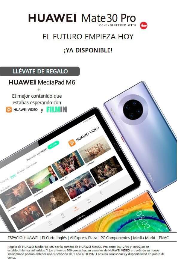 NP: Huawei refuerza su apuesta por Huawei Mate 30 Pro en nuevos canales de venta sumando la MediaPad M6 y una suscripción premium a Filmin