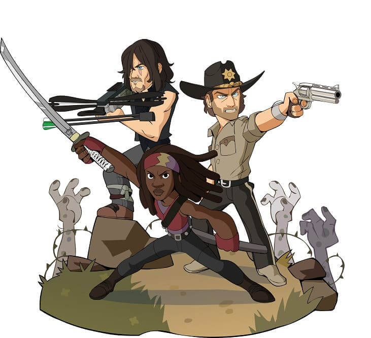Los personajes Michonne, Rick Grimes y Daryl Dixon de la serie The Walking Dead de AMC, disponibles desde hoy en Brawlhalla, en un crossover épico