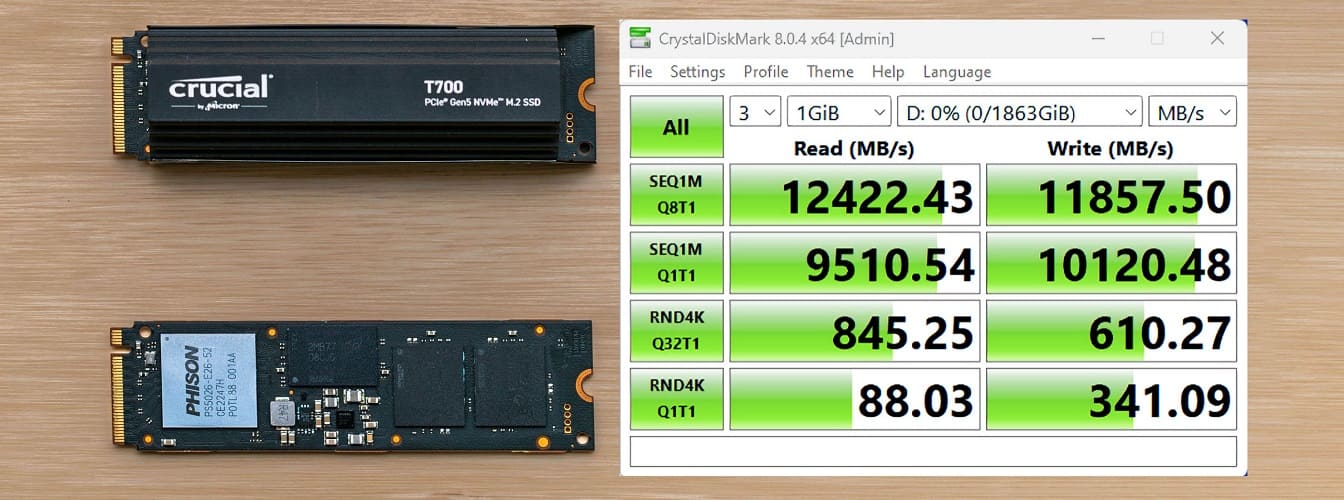 El SSD PCIe Gen5 NVMe Crucial T700 alcanza velocidades de lectura de 12,4 GB/s y de escritura de 11,9 GB/s