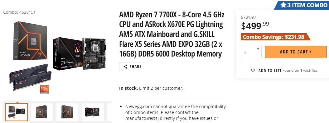 Combo AMD Ryzen 7 7700X, placa base X670E y 32 GB DDR5-6000 disponible por 500 dólares