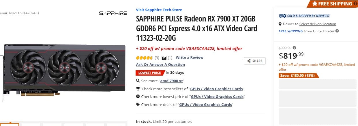 La Sapphire Radeon RX 7900 XT Pulse cae por debajo de los 800 dólares