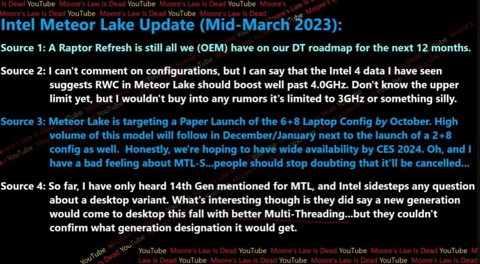 Los Intel Meteor Lake de sobremesa supuestamente ausentes en la hoja de ruta de 12 meses de los OEM, ya que el MTL de 14 núcleos para portátiles podría lanzarse en octubre