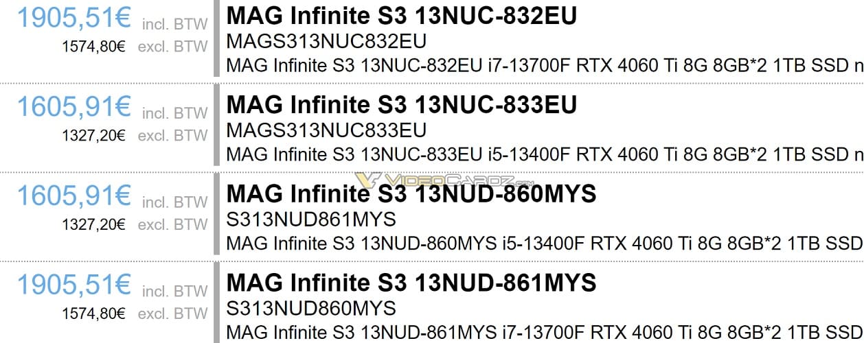 Los PCs gaming preensamblados de MSI con GPUs RTX 4060 y 4060 Ti aparecen listados, con 8 GB de VRAM