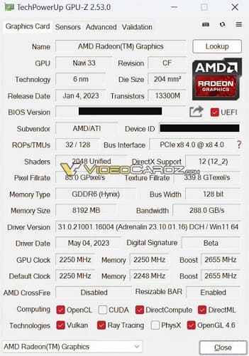 Se confirman las especificaciones de la AMD Radeon RX 7600, Navi 33 XL con 2048 Stream Processors y 8 GB de VRAM
