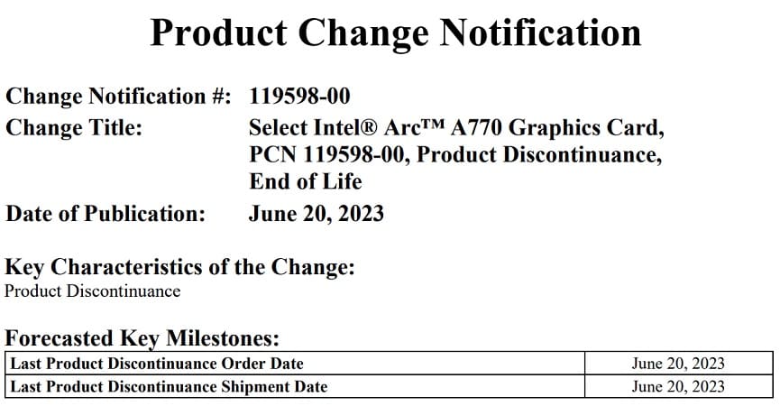 Intel descataloga oficialmente la Arc A770 Limited Edition de 16 GB
