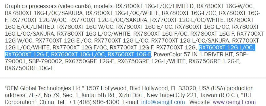 La RX 7600 XT contaría con configuraciones de memoria de 10 y 12 GB, según PowerColor