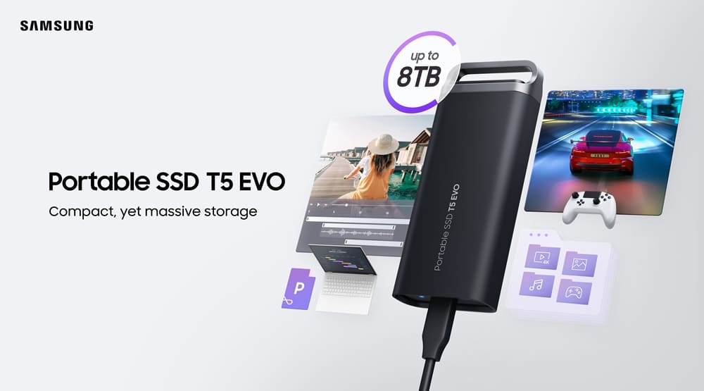 Samsung presenta su nuevo SSD portátil T5 EVO que ofrece 8 TB de capacidad en un diseño compacto