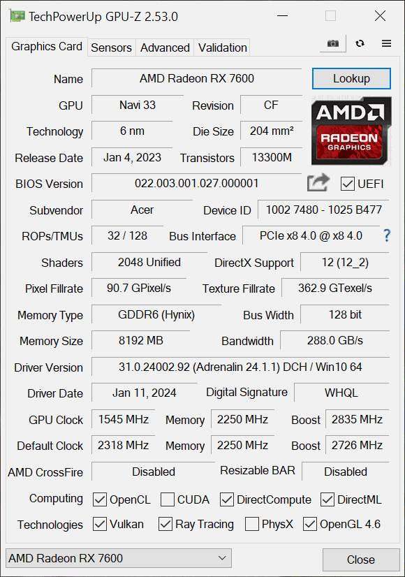 Análisis Acer Predator BiFrost RX 7600 OC 8GB