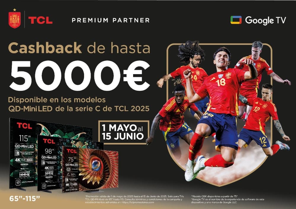 TCL lanza la promoción «Cashback de Campeones» con hasta 5.000€ de reembolso en televisores de 65″ a 115″ TCL lanza la promoción «Cashback de Campeones» con hasta 5.000€ de reembolso en televisores de 65″ a 115″