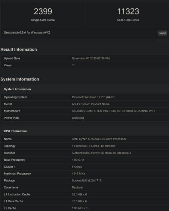 AMD Ryzen 5 7500X3D confirma su rendimiento en Geekbench con 6 núcleos Zen 4 y 96 MB de caché L3