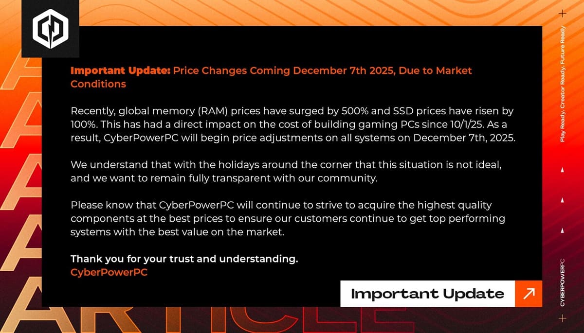 CyberPowerPC subirá los precios de sus PCs de sobremesa en diciembre