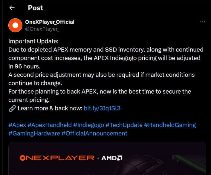 OneXPlayer OneXFly Apex sube su precio tras agotar existencias por la subida de memoria y SSD