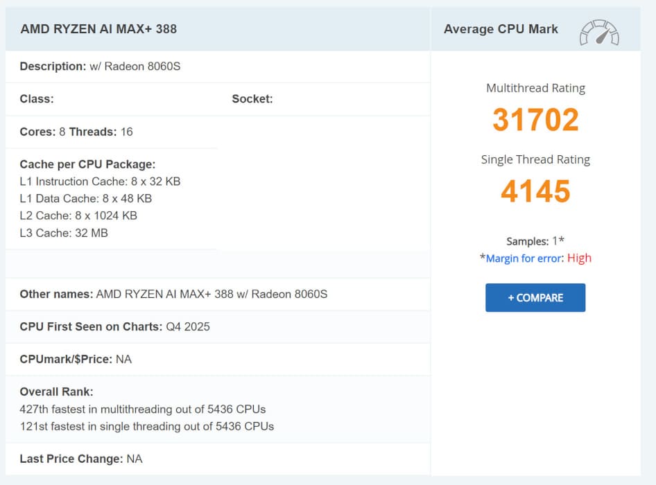 AMD prepara el Ryzen AI MAX+ 388: APU de 8 núcleos con GPU Radeon 8060S completa