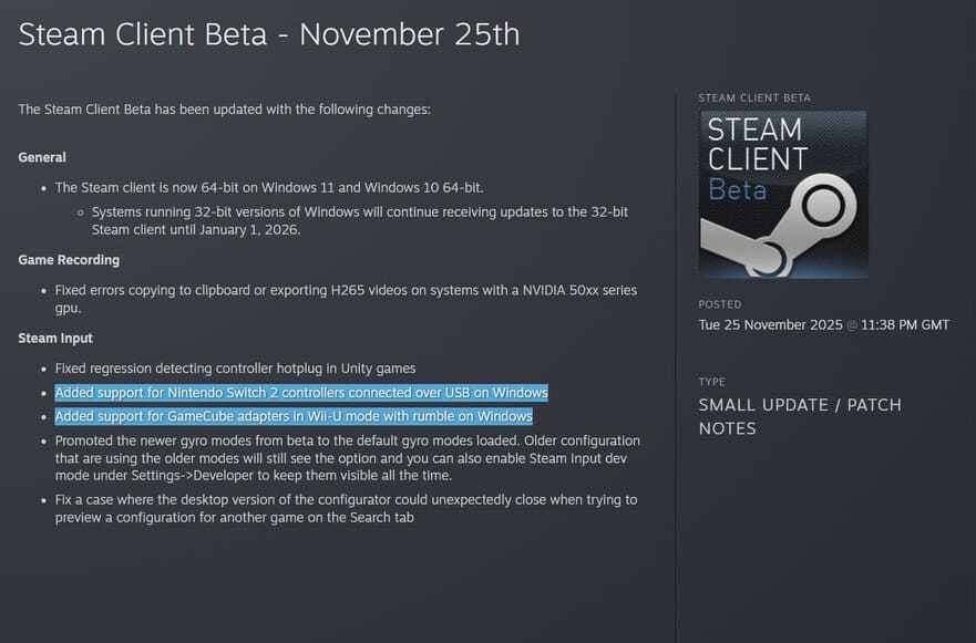 Steam añade compatibilidad oficial con mandos de Nintendo Switch 2 y adaptadores de GameCube