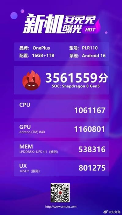 OnePlus Ace 6T podría estrenar el Snapdragon 8 Gen 5 con más de 3,5 millones de puntos en AnTuTu V11