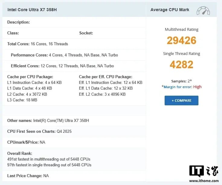 Intel Panther Lake X7 358H: primeras pruebas apuntan a mejoras modestas en CPU y salto en GPU integrada