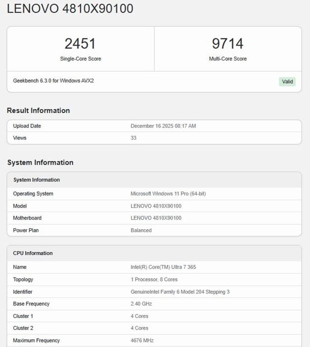 El Core Ultra 7 365 Panther Lake aparece en Geekbench
