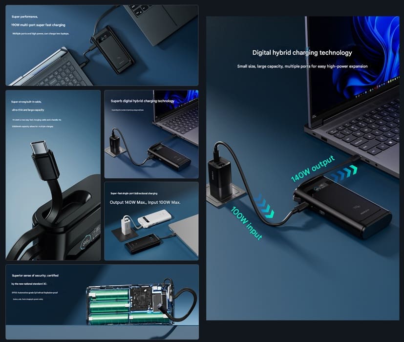 Lenovo ThinkPlus lanza una batería externa de 190W con pantalla integrada y triple carga simultánea