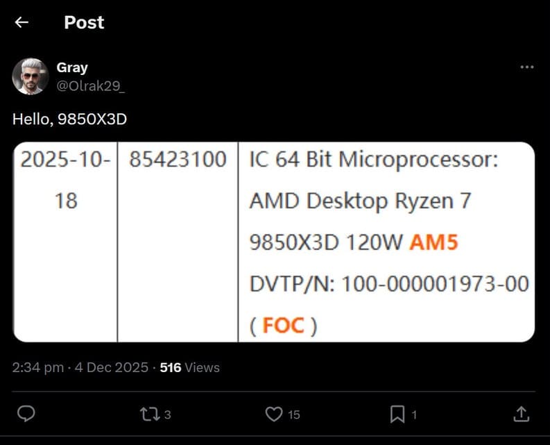 AMD Ryzen 7 9850X3D aparece en un nuevo registro con 120W de TDP