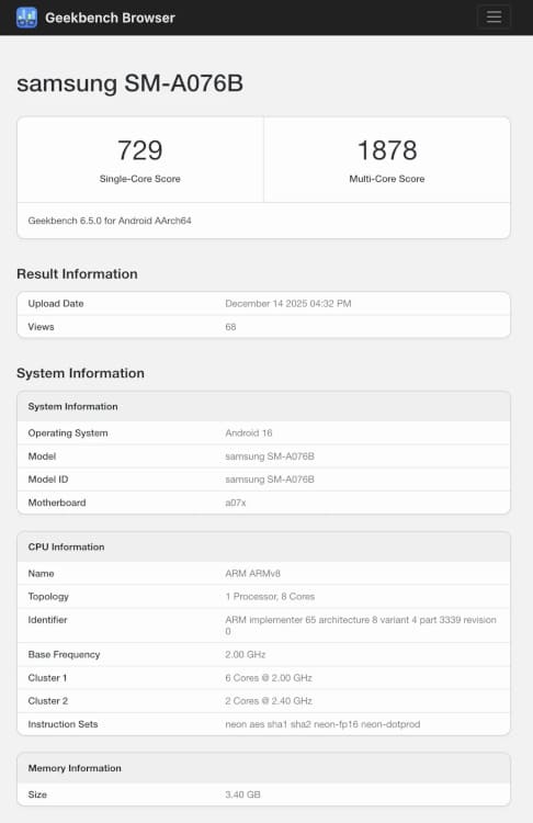 El Samsung Galaxy A07 5G aparece en Geekbench con Dimensity 6300