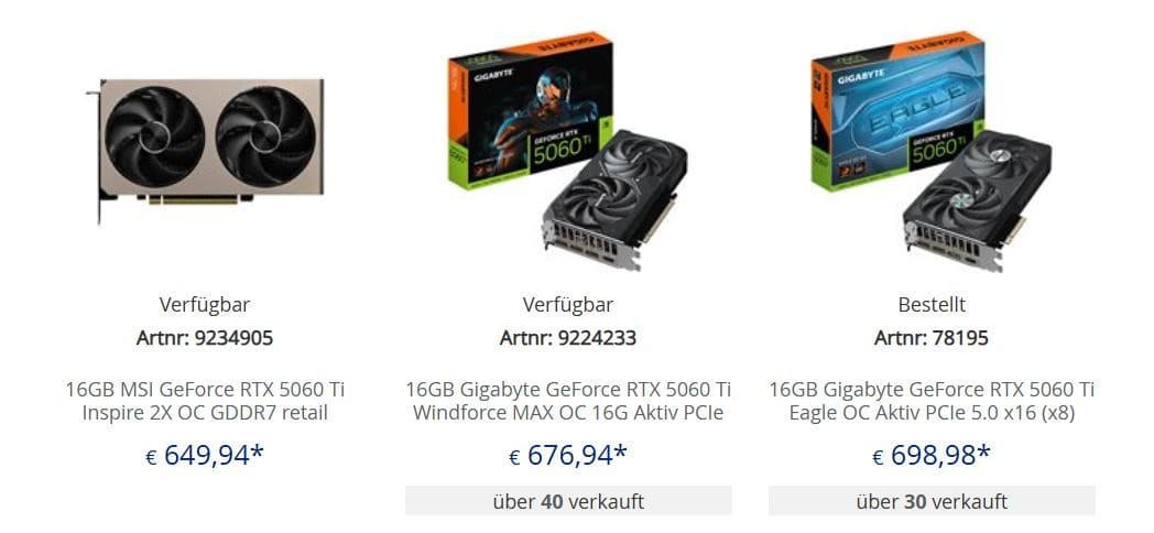 NVIDIA RTX 5060 Ti 16 GB sufre escasez y subidas de precio en el mercado europeo