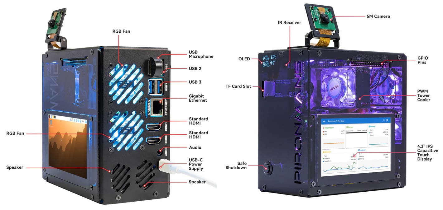 Pironman 5 Pro Max: la torre definitiva para Raspberry Pi 5 con pantalla táctil, NAS y funciones IA