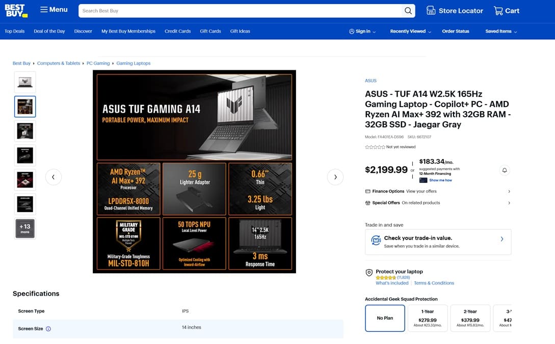 ASUS TUF Gaming A14 FA401EA llega a EEUU con Ryzen AI Max+ 392 y 32 GB de RAM