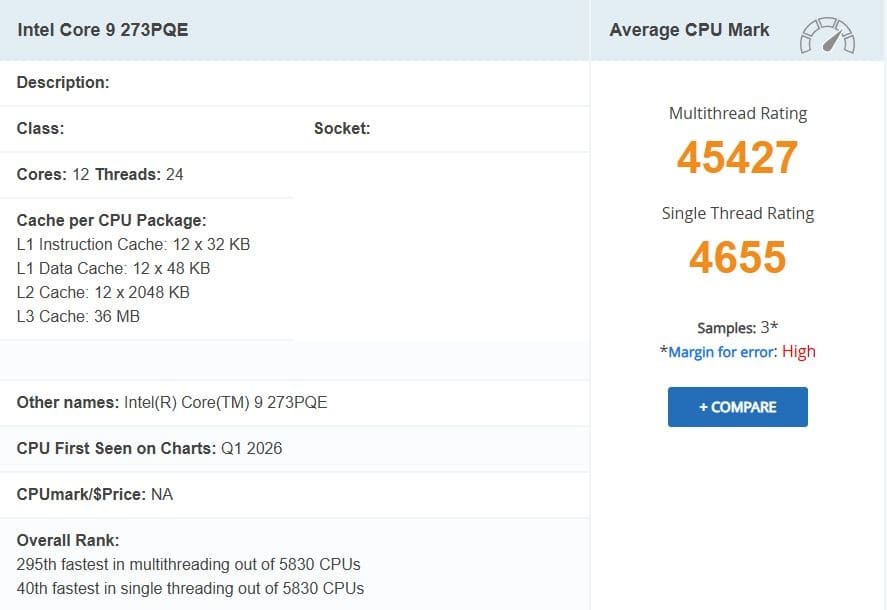 Intel Core 9 273PQE de Bartlett Lake con 12 P-Cores logra quedar a un 12% del i7-14700K y a un 22% del i9-14900K en PassMark