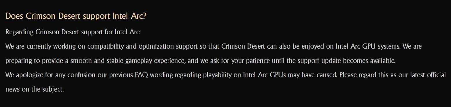 Pearl Abyss rectifica tras las críticas y trabajará para dar soporte a las GPU Intel Arc en Crimson Desert