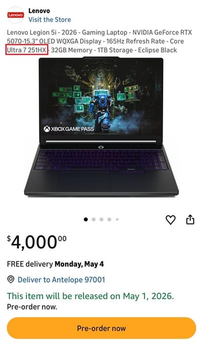 Intel Core Ultra 7 251HX aparece en portátiles gaming con TDP de 55W y GPU RTX 5070 de 12 GB con TDP de 115W