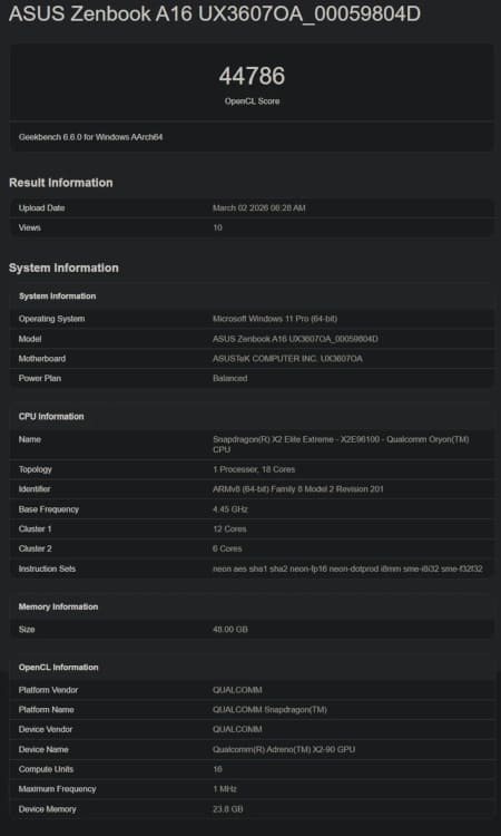 El Snapdragon X2 Elite aparece en Geekbench con 4.033 puntos en single-core superando al Apple M4 Max