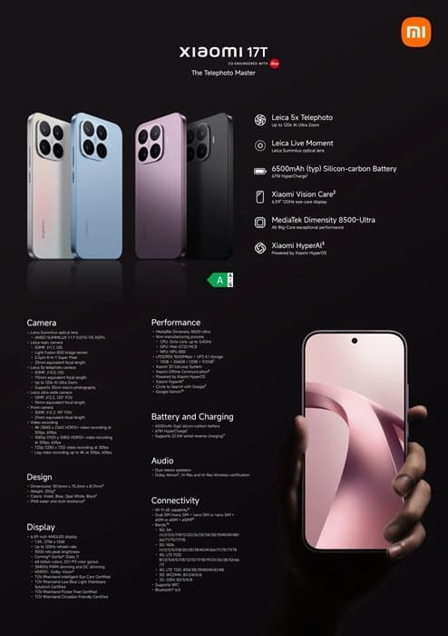 Xiaomi 17T se lanza a nivel global con Dimensity 8500 Ultra, batería de 6.500 mAh y teleobjetivo 5x