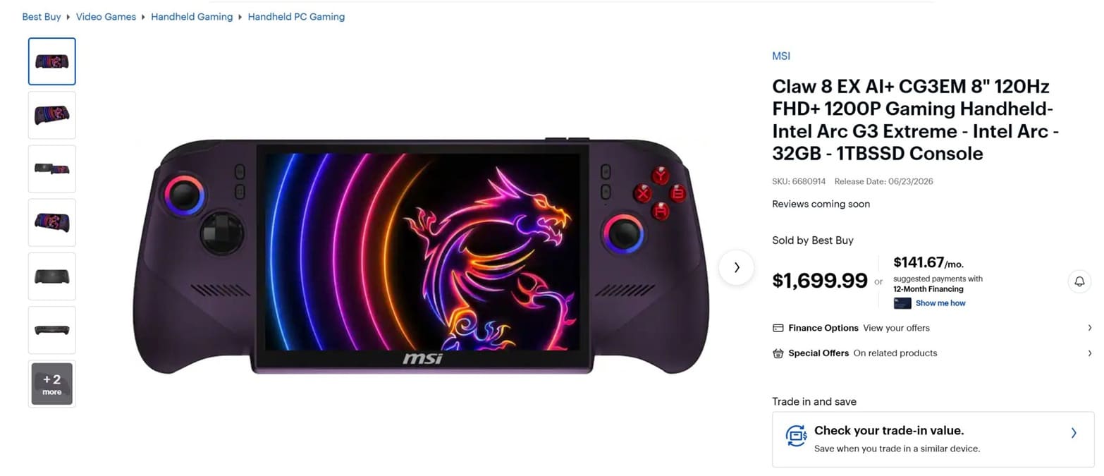 MSI Claw 8 EX AI+ aparece por 1.699$ con Intel Arc G3 Extreme y se convierte en su portátil gaming más cara