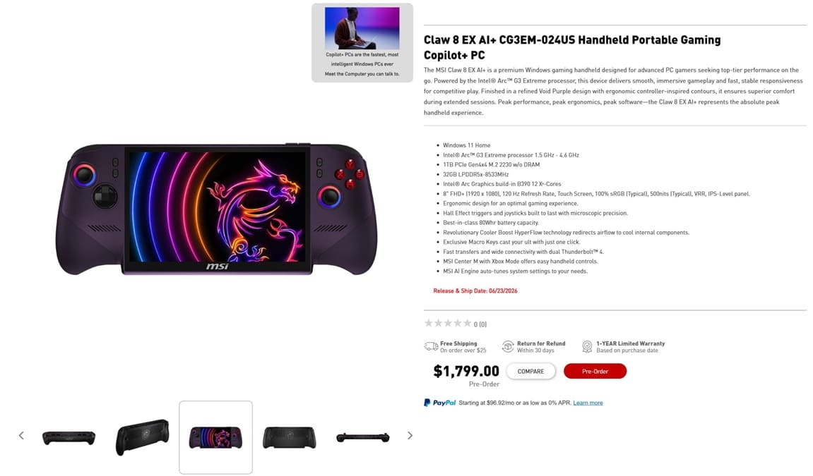 MSI Claw 8 EX AI+ aparece por 1.699$ con Intel Arc G3 Extreme y se convierte en su portátil gaming más cara