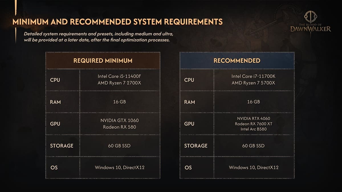 The Blood of Dawnwalker rebaja sus requisitos en PC con GTX 1060, RX 580 y RTX 4060 recomendada