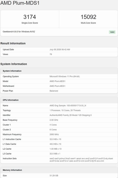 AMD Medusa Point Zen 6 aparece en Geekbench con 10 núcleos, FP16 AVX-VNNI y fuerte rendimiento a 2 GHz