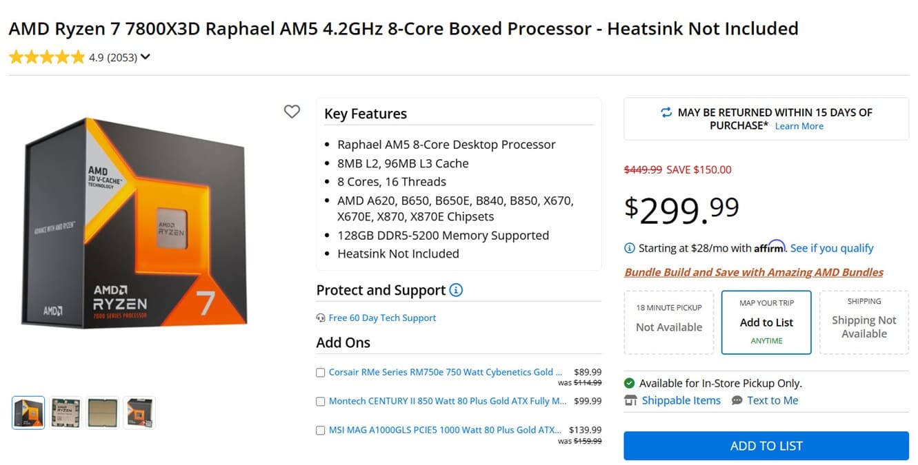 El Ryzen 7 7800X3D baja a 299 dólares y queda por debajo del nuevo 7700X3D