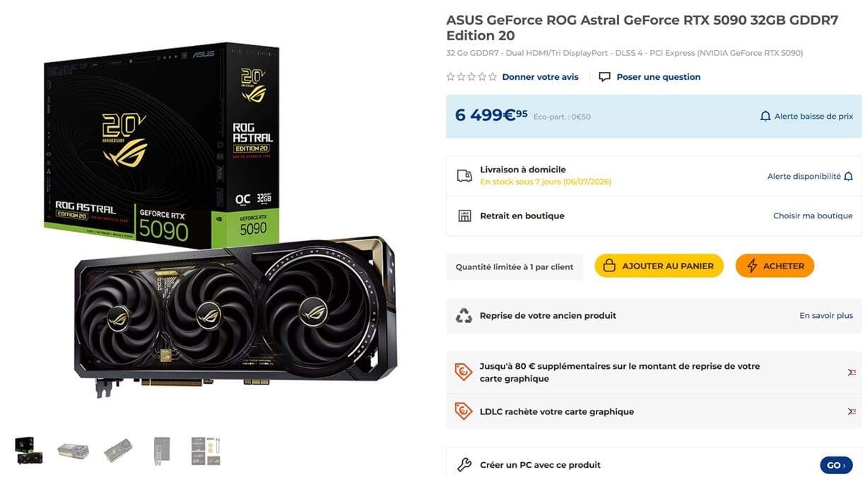 ASUS ROG Astral RTX 5090 Edition 20 aparece en LDLC por 6.499,95€ con 32 GB GDDR7