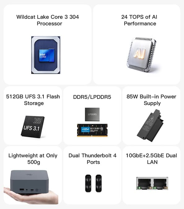 Beelink EQi 304 estrena procesador Core 3 304 con 24 TOPS de IA y doble LAN 10G + 2.5G