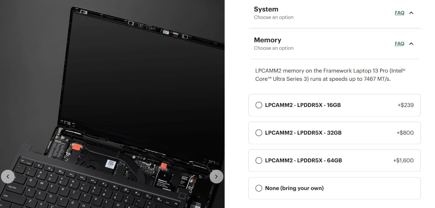 Framework Laptop 13 Pro dispara el precio de la memoria LPCAMM2: 64 GB pasan de 849$ a 1.600$