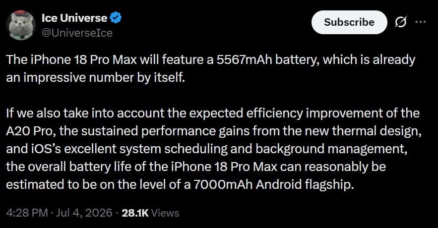 iPhone 18 Pro Max apuntaría a 5.567 mAh para rivalizar con móviles Android de 7.000 mAh