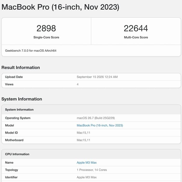 Apple M6 alcanza 22.783 puntos en Geekbench 7 y prácticamente iguala al M3 Max de 14 núcleos