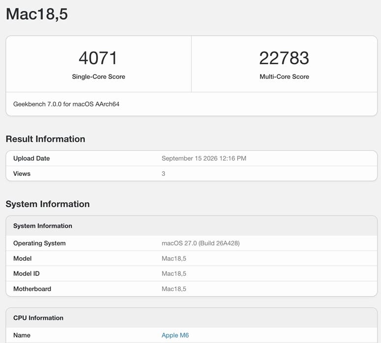 Apple M6 alcanza 22.783 puntos en Geekbench 7 y prácticamente iguala al M3 Max de 14 núcleos
