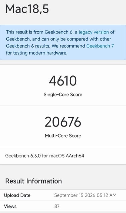 Mac mini M6 alcanza 4.610 puntos en Geekbench 6.3, pero el A20 Pro aún gana en single-core