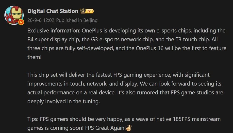 OnePlus 16 estrenaría tres chips propios para juegos a 185 FPS