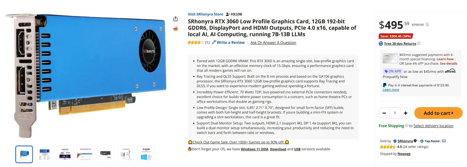 La RTX 3060 de un solo slot y sin conector de alimentación llega a Newegg por 495 dólares